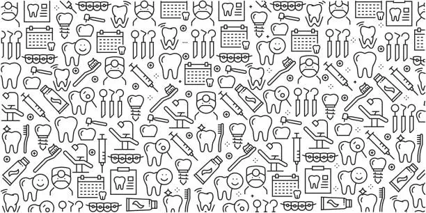 Vector illustration of Vector set of design templates and elements for Dental in trendy linear style - Seamless patterns with linear icons related to Dental - Vector