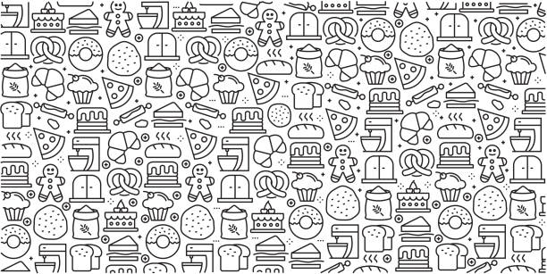 ilustraciones, imágenes clip art, dibujos animados e iconos de stock de conjunto de vector de elementos y plantillas de diseño para panadería estilo moderno - en patrones sin fisuras con los iconos lineales relacionados con panadería - vector - breakfast background