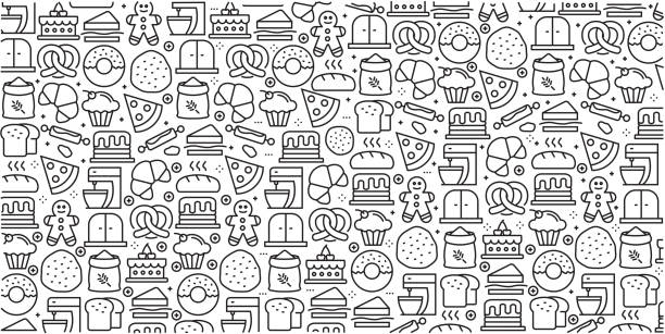 Vector set of design templates and elements for Bakery in trendy linear style - Seamless patterns with linear icons related to Bakery - Vector Vector set of design templates and elements for Bakery in trendy linear style - Seamless patterns with linear icons related to Bakery - Vector breakfast background stock illustrations