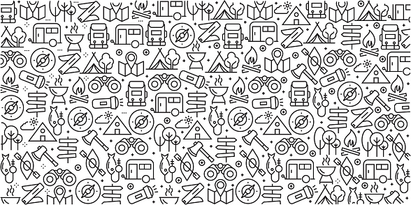 Vector set of design templates and elements for Camping in trendy linear style - Seamless patterns with linear icons related to Camping - Vector