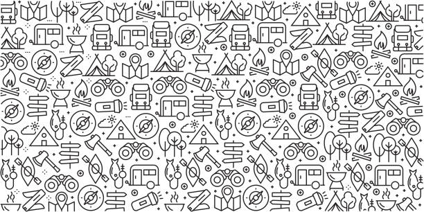Vector set of design templates and elements for Camping in trendy linear style - Seamless patterns with linear icons related to Camping - Vector Vector set of design templates and elements for Camping in trendy linear style - Seamless patterns with linear icons related to Camping - Vector camping patterns stock illustrations