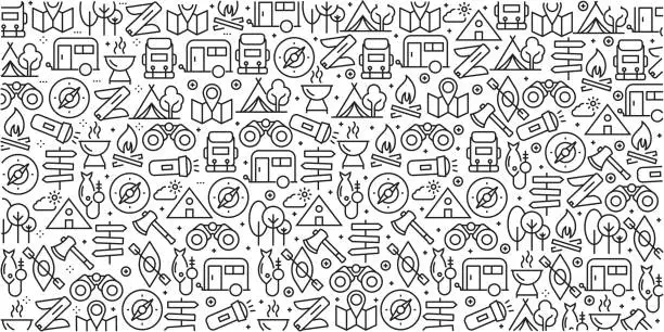 Vector illustration of Vector set of design templates and elements for Camping in trendy linear style - Seamless patterns with linear icons related to Camping - Vector