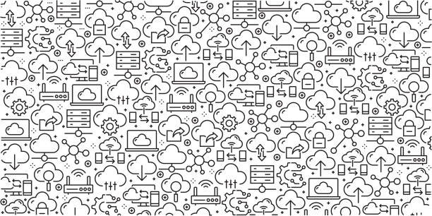 illustrazioni stock, clip art, cartoni animati e icone di tendenza di set vettoriale di modelli ed elementi di progettazione per il cloud computing in stile lineare alla moda - modelli senza soluzione di continuità con icone lineari relative al cloud computing - vector - technology abstract network server computer