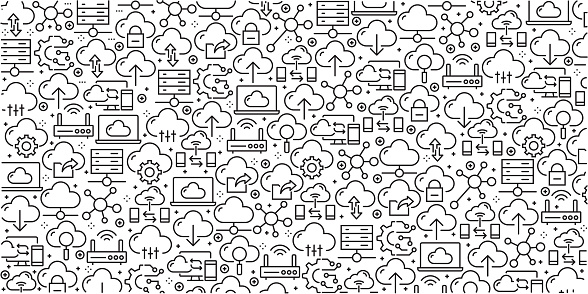 Vector set of design templates and elements for Cloud Computing in trendy linear style - Seamless patterns with linear icons related to Cloud Computing - Vector