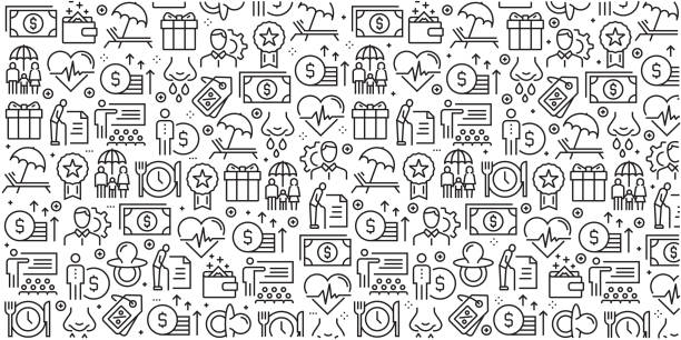 ilustrações de stock, clip art, desenhos animados e ícones de vector set of design templates and elements for employee benefits in trendy linear style - seamless patterns with linear icons related to employee benefits - vector - pension retirement benefits perks