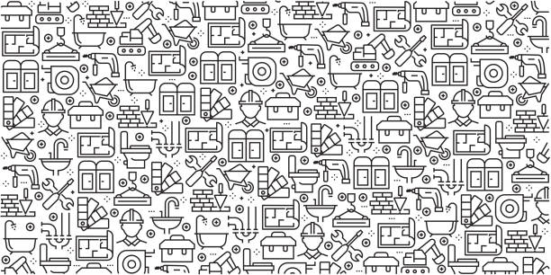 Vector set of design templates and elements for Construction Industry in trendy linear style - Seamless patterns with linear icons related to Construction Industry - Vector Vector set of design templates and elements for Construction Industry in trendy linear style - Seamless patterns with linear icons related to Construction Industry - Vector working designs stock illustrations