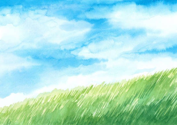 istock background watercolor illustration, blue sky with green meadow 1096466402