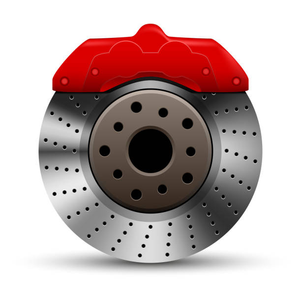 Car brake disc and red calliper on plain background Car brake repair sign, vector illustration brake stock illustrations