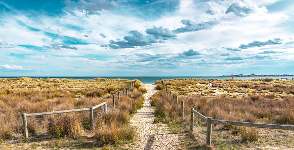 A sandy path between grassy dunes leads to the sea at Port Melbourne in Victoria, Australia