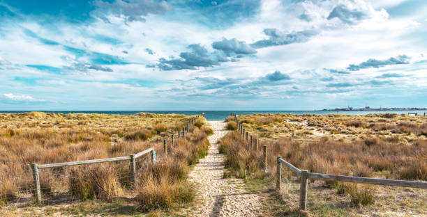 A sandy path A sandy path between grassy dunes leads to the sea at Port Melbourne in Victoria, Australia port melbourne melbourne stock pictures, royalty-free photos & images