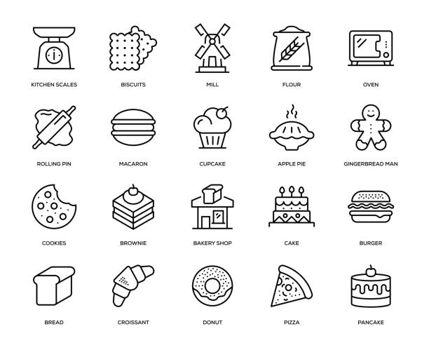 ilustraciones, imágenes clip art, dibujos animados e iconos de stock de conjunto de iconos de panadería - baking food cookie breakfast