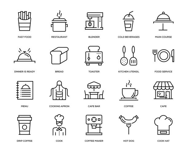 ilustraciones, imágenes clip art, dibujos animados e iconos de stock de conjunto de iconos de cafe - cooking clothing foods and drinks equipment