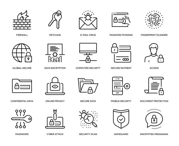 ilustraciones, imágenes clip art, dibujos animados e iconos de stock de conjunto de iconos de seguridad cibernética - key symbol security security system