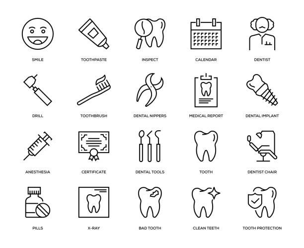 dental-icon-set - dentists chair dental equipment dentist office dental drill stock-grafiken, -clipart, -cartoons und -symbole