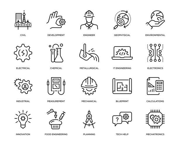 ilustraciones, imágenes clip art, dibujos animados e iconos de stock de conjunto de iconos de ingeniería - drawing compass drawing work tool technology