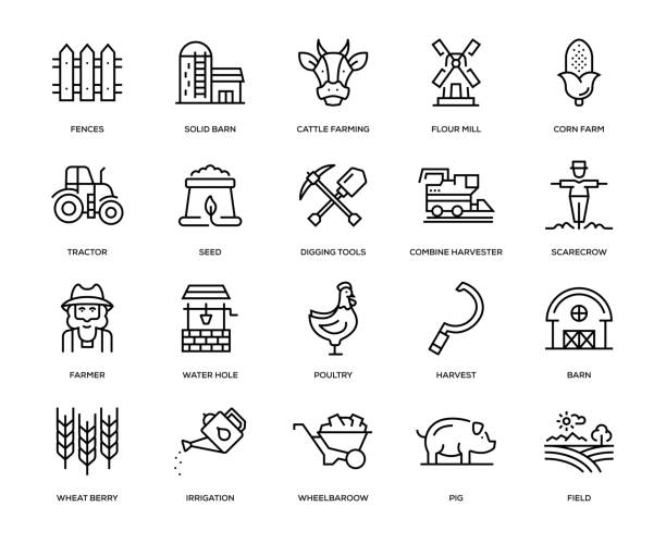 Farm and Agriculture Icon Set Farm and Agriculture Icon Set - Thin Line Series farmer icons stock illustrations
