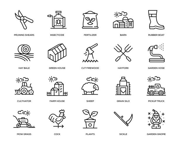 Farm and Agriculture Icon Set Farm and Agriculture Icon Set - Thin Line Series flour mill stock illustrations