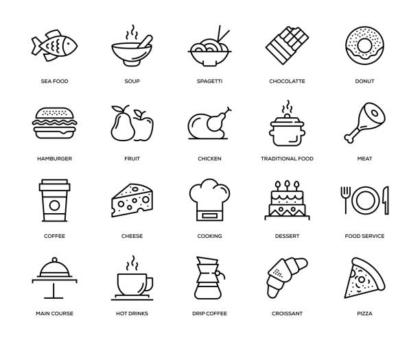 zestaw ikon jedzenia i picia - serving food restaurant chicken stock illustrations