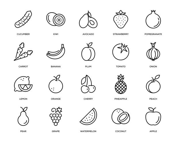 illustrazioni stock, clip art, cartoni animati e icone di tendenza di set di icone frutta e verdura - cetriolo immagine