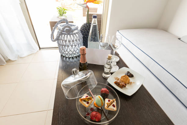 istock Hotel room interior with welcome gift sweets on the table 1096477088