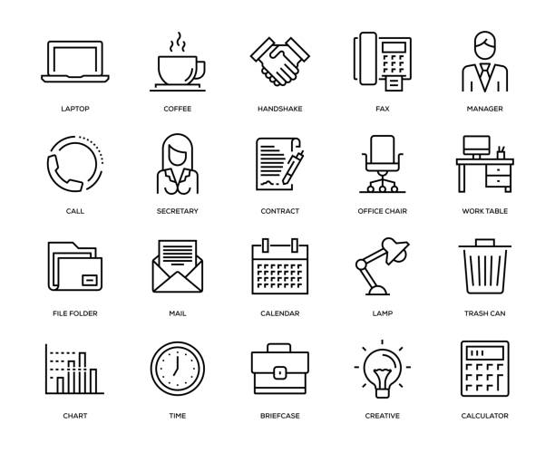 Office and Workplace Icon Set Office and Workplace Icon Set - Thin Line Series laptop in a trash bin stock illustrations