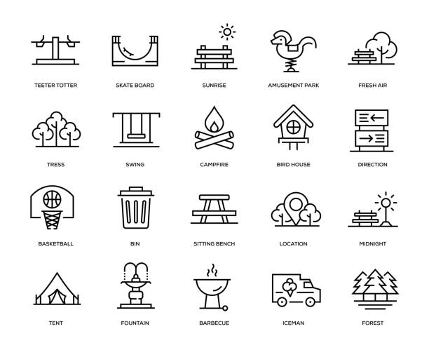 ilustraciones, imágenes clip art, dibujos animados e iconos de stock de conjunto de iconos de parque - banco asiento