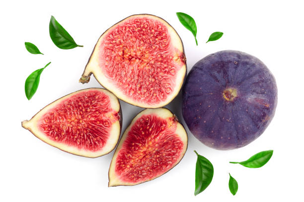 istock fig fruits with leaves isolated on white background. Top view. Flat lay pattern 1096477884