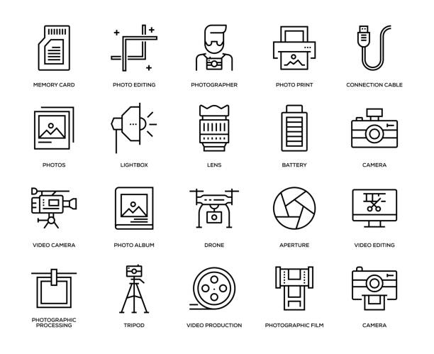 Photography Icon Set Photography Icon Set - Thin Line Series movie camera photos stock illustrations