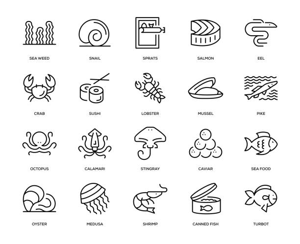 ilustraciones, imágenes clip art, dibujos animados e iconos de stock de conjunto de iconos de comida de mar - gorgon