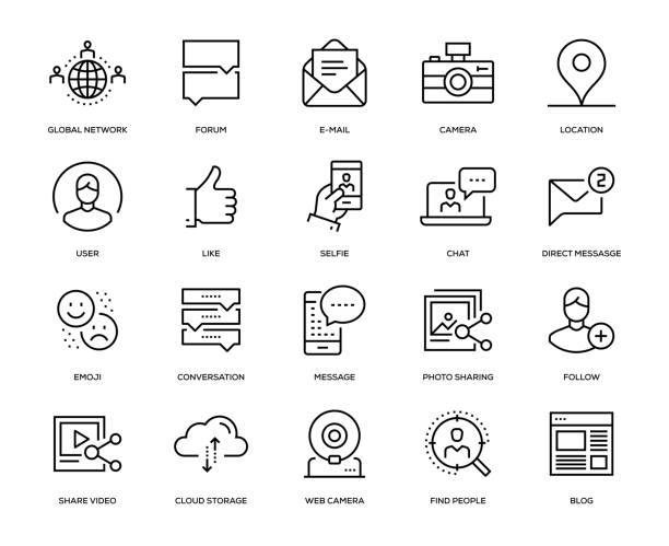 ilustrações, clipart, desenhos animados e ícones de conjunto de ícones de mídias sociais - photo messaging telephone photographing camera