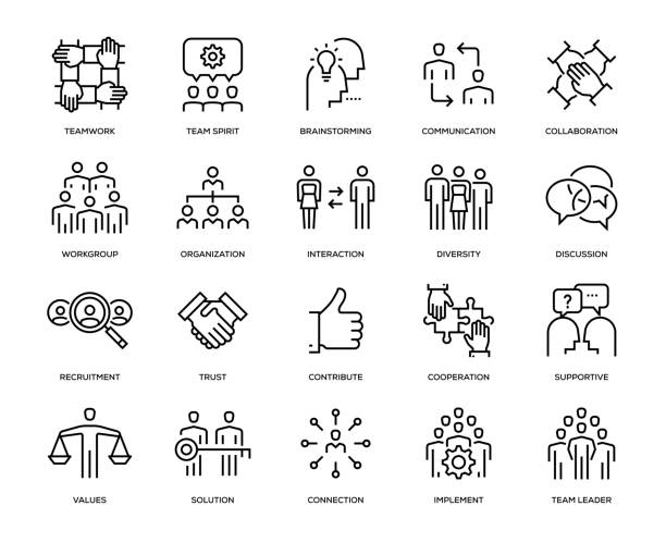 ilustraciones, imágenes clip art, dibujos animados e iconos de stock de conjunto de iconos de trabajo en equipo - ilustración de línea fina