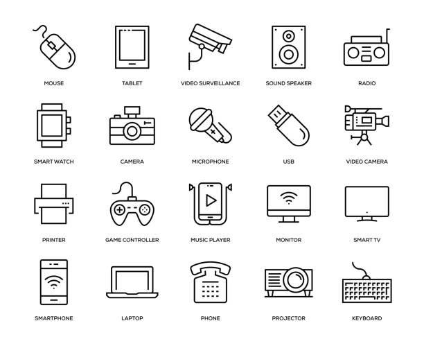 ilustrações, clipart, desenhos animados e ícones de tecnologia e dispositivos icon set - electrical equipment computer icon symbol electronics industry