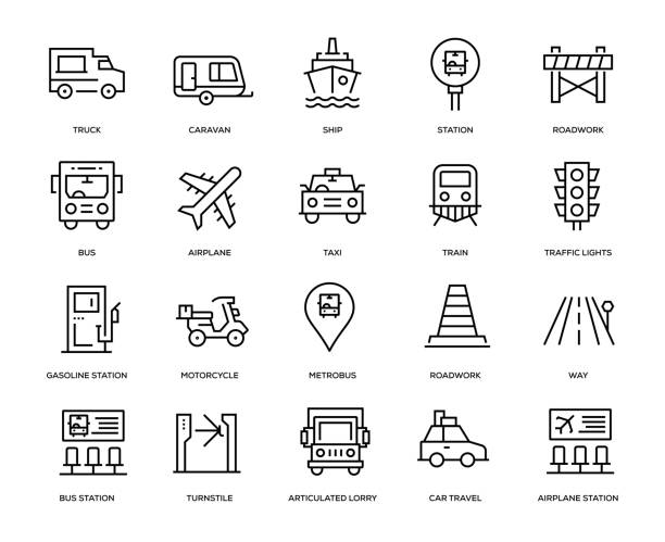 ilustraciones, imágenes clip art, dibujos animados e iconos de stock de conjunto de iconos de transporte - estación de autobús