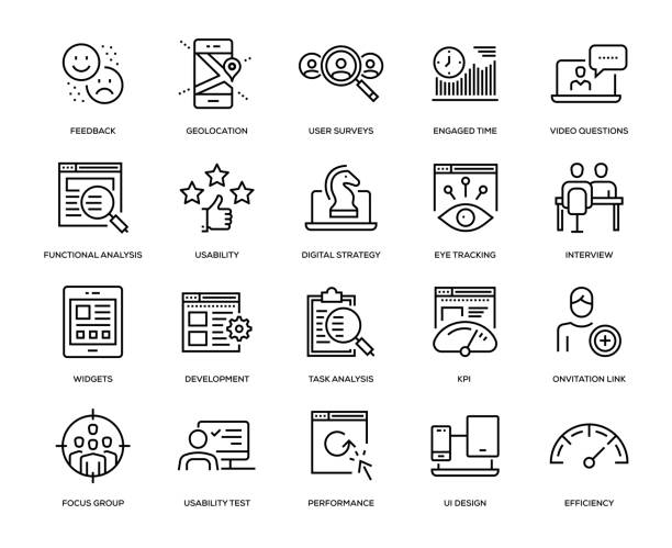 illustrazioni stock, clip art, cartoni animati e icone di tendenza di set di icone esperienza utente - data technology computer software business