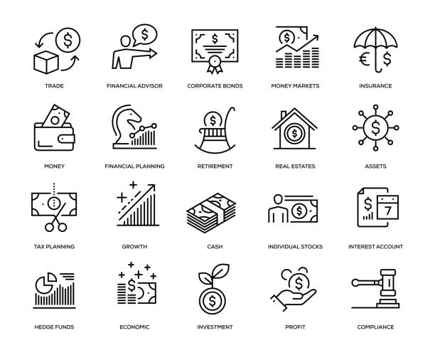 ilustrações de stock, clip art, desenhos animados e ícones de wealth management icon set - ação da bolsa de valores