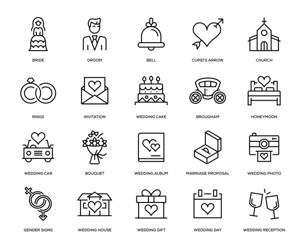 ilustrações de stock, clip art, desenhos animados e ícones de wedding icon set - wedding cake wedding reception bouquet wedding