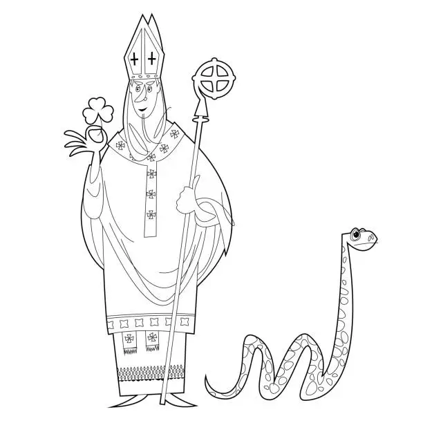 Vector illustration of St Patrick (Apostle of Ireland ) banishes snakes from Ireland. The patron saint of Ireland. Black and white. Coloring page.