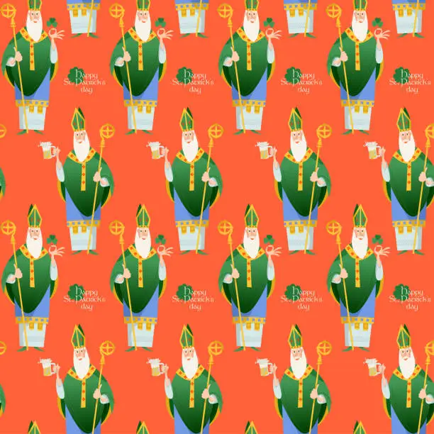 Vector illustration of Saint Patrick’s Day. St Patrick (Apostle of Ireland), the patron saint of Ireland holding beer jugs and shamrock. Seamless background pattern.