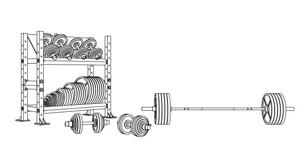 Vector illustration of Outline fitness vector perspective view on white background of an olympic barbell, loadable dumbbels and a storage shelf full of weight barbell plates.