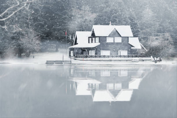 Bolu, Turkey - February 24, 2018: Lake house in Bolu Abant lake with a snow in winter season.