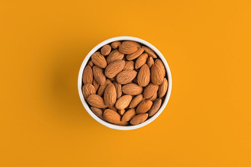 Almond, Nut - Food, Yellow Background, Bowl, Directly Above