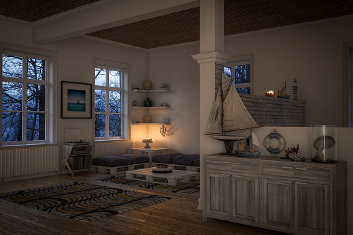 Digitally generated warm and cozy nautical themed home interior design.

The scene was rendered with photorealistic shaders and lighting in Autodesk® 3ds Max 2016 with V-Ray 3.6 with some post-production added.