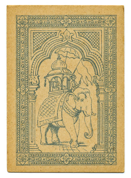 Ceremonial Indian elephant rare Hindu playing card back 19th century stock photo