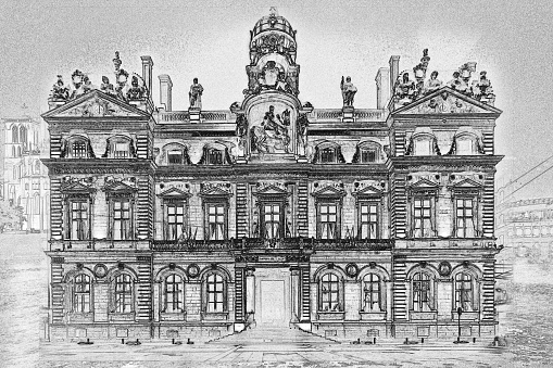 The Statue of Louis XIV at Place des Victoires in Paris, France. Vintage photo half-tone etching circa mid 19th century.