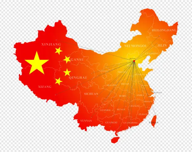 Vector illustration of Vector map of China and Chinese flag with administrative district