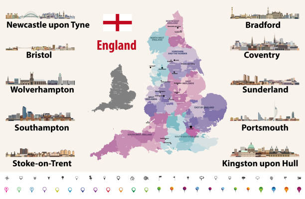 ilustrações, clipart, desenhos animados e ícones de conjunto de vetores de ícones de skylines de cidades maior inglaterra. mapa e bandeira de inglaterra. - uk map british flag england