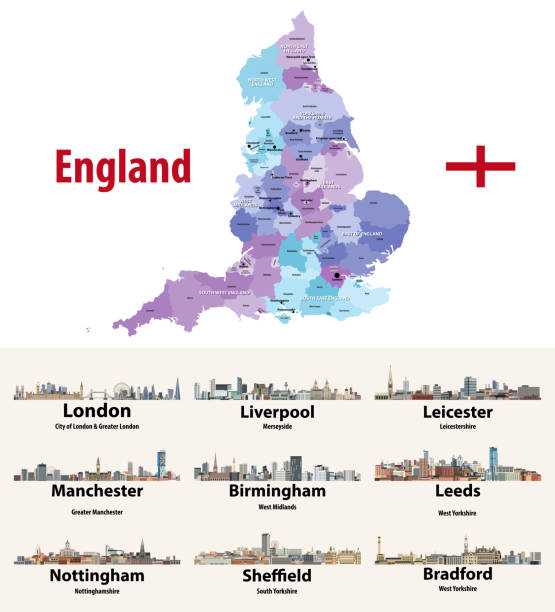 england größten städte skylines symbole vektor-set. karte und flagge von england. - uk map british flag england stock-grafiken, -clipart, -cartoons und -symbole