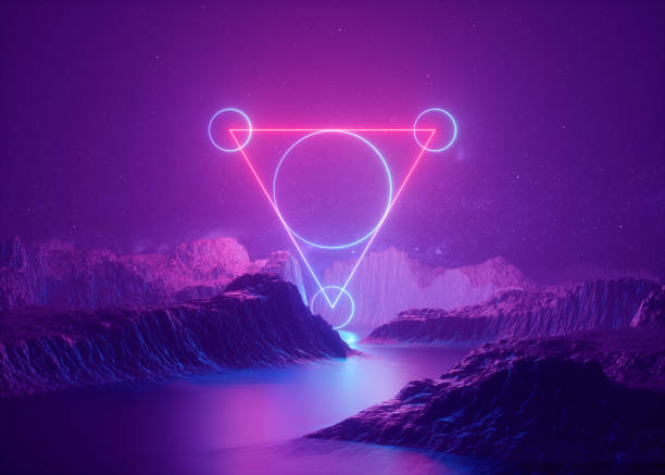 3d render, abstract background, triangular portal, pink blue neon lights, virtual reality, energy, glowing triangle frame, blank space, ultraviolet spectrum, laser user interface, smoke, fog, ground