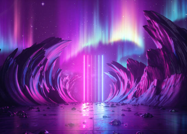 istock 3d render, abstract background, cosmic landscape, aurora borealis, alien portal, pink blue laser lines, neon light, virtual reality user interface, energy, glowing frame, ultraviolet spectrum, rocks 1096522238