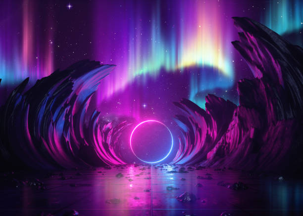 3d render, abstract background, cosmic landscape, aurora borealis, round portal, pink blue neon light, virtual reality user interface, laser ring, energy, glowing frame, ultraviolet spectrum, rocks